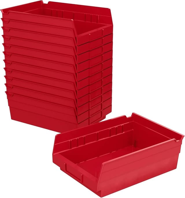 Stack of blue plastic nesting shelf bins